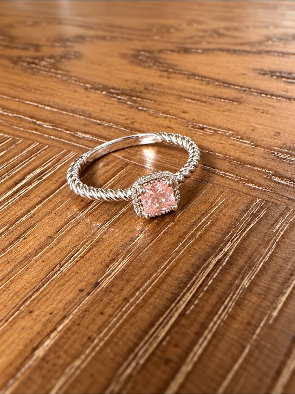 Pink Cushion Cut Halo Ring Twisted Rope Band Silver Tone Size ___